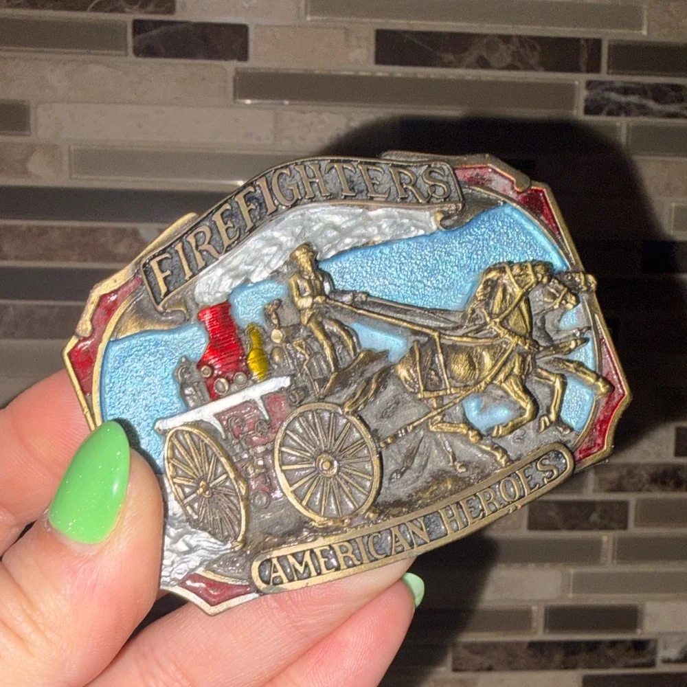 Vintage Firefighters Belt Buckle with Horse and Carriage Design